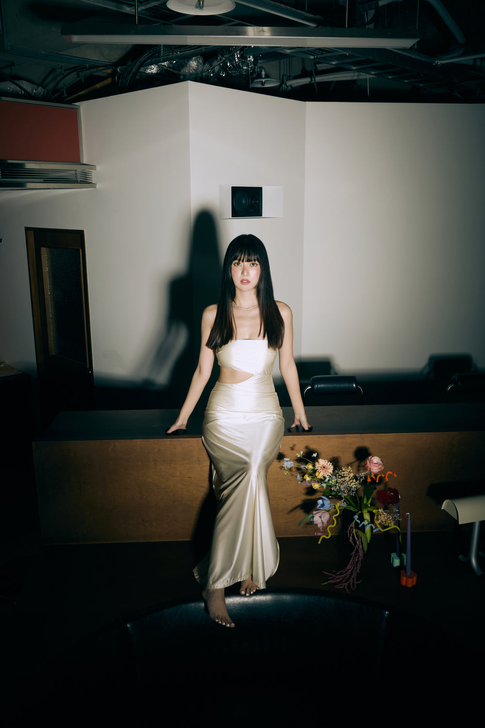 Second Skin | Satiny - Strapless Cut-off Maxi Dress - Pearl White