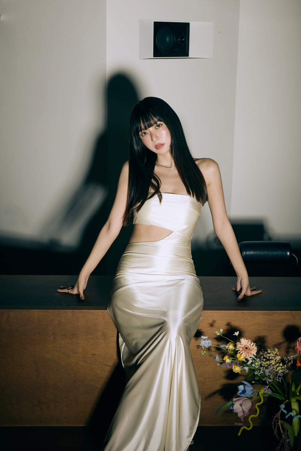 Second Skin | Satiny - Strapless Cut-off Maxi Dress - Pearl White