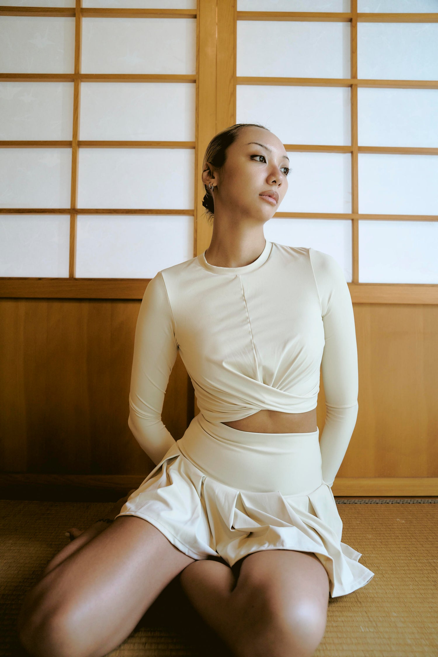 泉肌 | 百褶設計泳裝褲裙 - 暖泉米