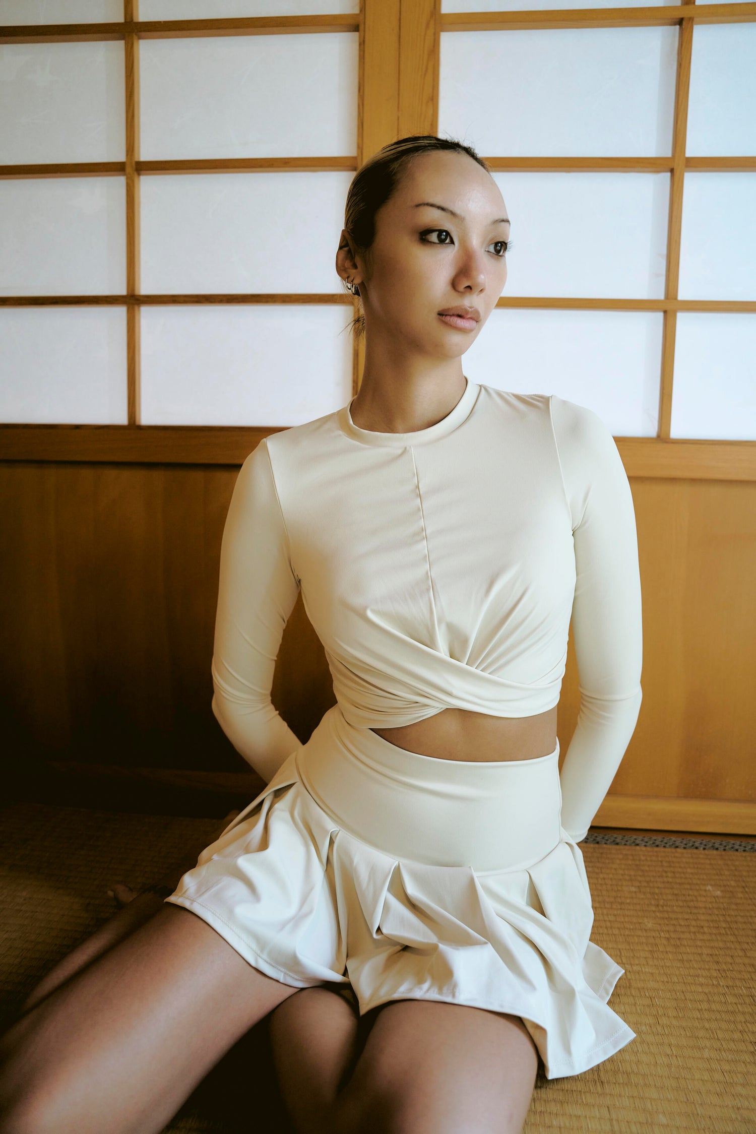 泉肌 | 百褶設計泳裝褲裙 - 暖泉米