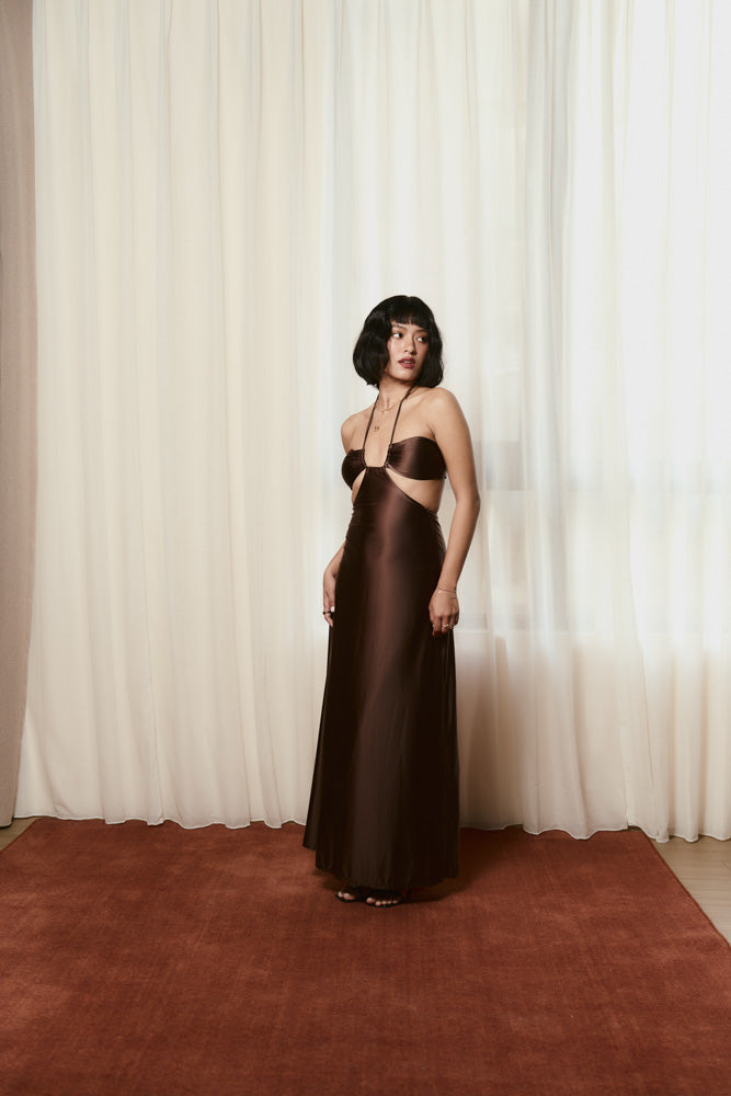 Second Skin Satiny | The Island Halter Maxi Dress ~ Maya Cocoa