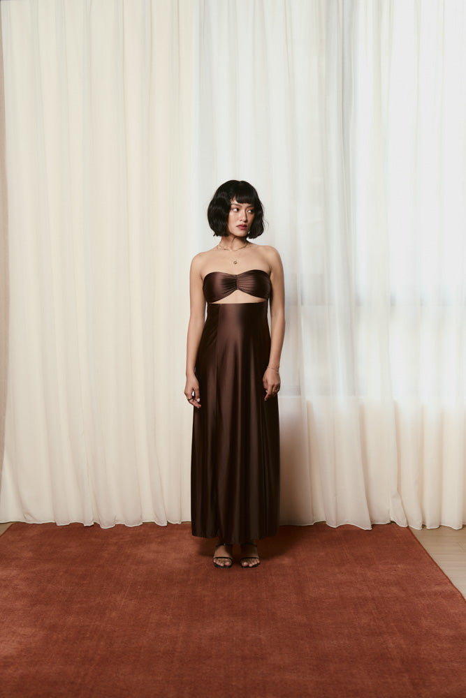 Second Skin|Satiny - Sweetheart Ruched Maxi Dress - Maya Cocoa