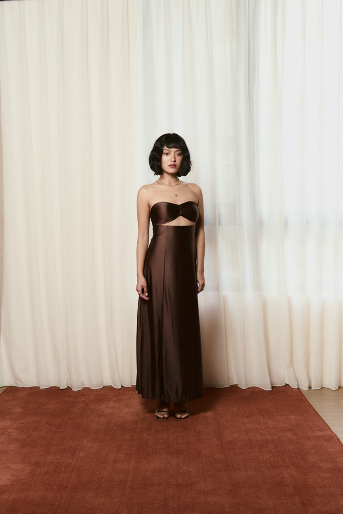 Second Skin|Satiny - Sweetheart Ruched Maxi Dress - Maya Cocoa