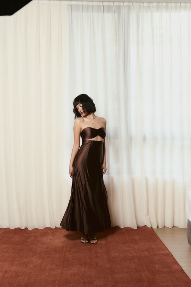 Second Skin|Satiny - Sweetheart Ruched Maxi Dress - Maya Cocoa