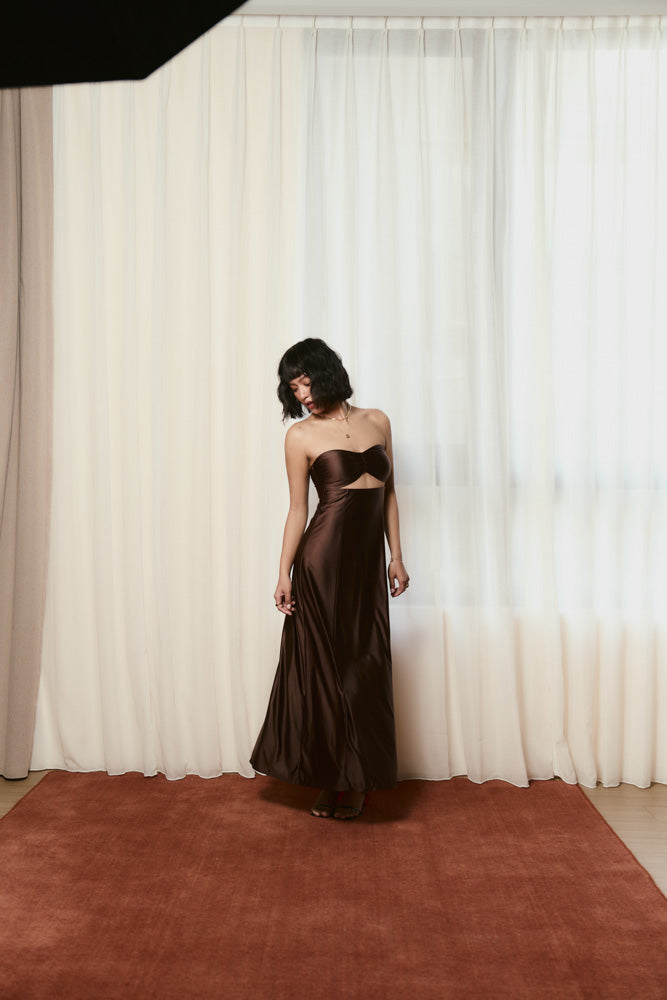 Second Skin|Satiny - Sweetheart Ruched Maxi Dress - Maya Cocoa