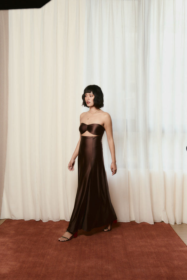 Second Skin|Satiny - Sweetheart Ruched Maxi Dress - Maya Cocoa