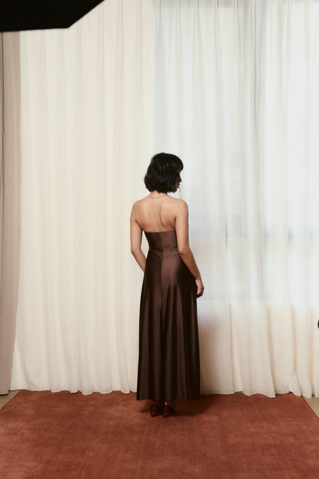Second Skin|Satiny - Sweetheart Ruched Maxi Dress - Maya Cocoa