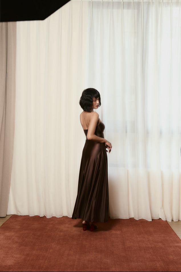 Second Skin|Satiny - Sweetheart Ruched Maxi Dress - Maya Cocoa