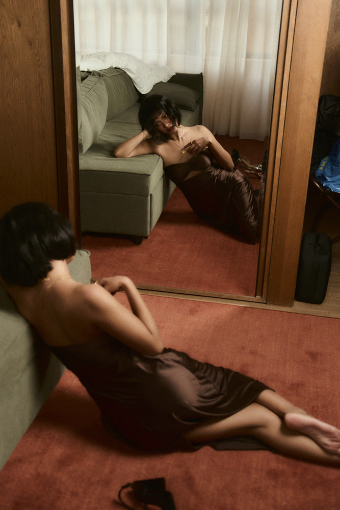 Second Skin|Satiny - Sweetheart Ruched Maxi Dress - Maya Cocoa