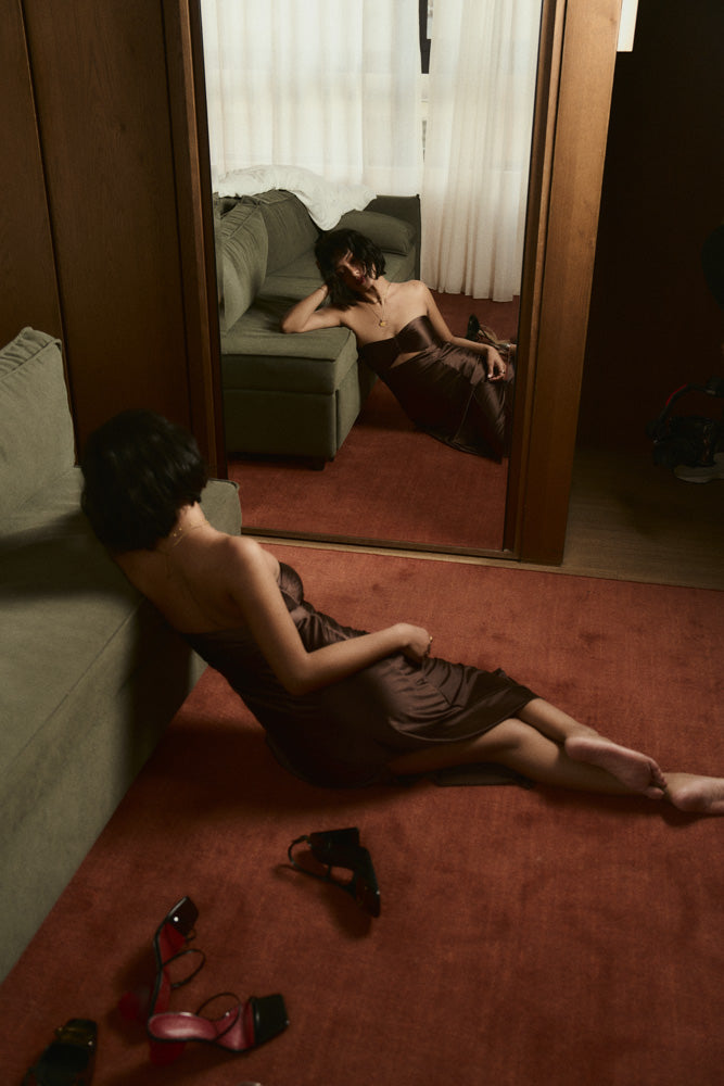 Second Skin|Satiny - Sweetheart Ruched Maxi Dress - Maya Cocoa