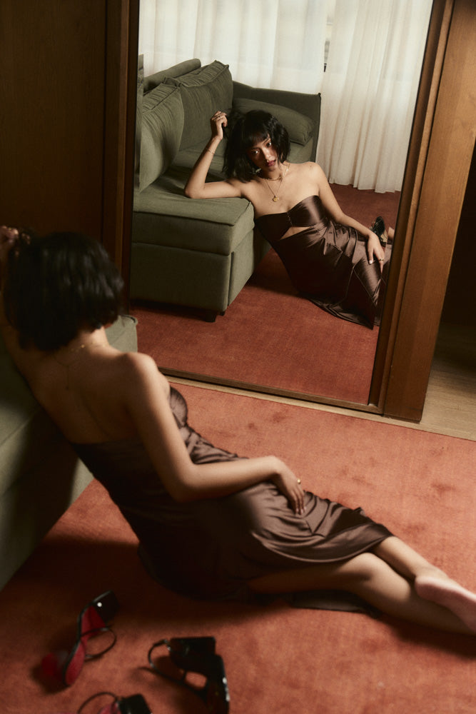 Second Skin|Satiny - Sweetheart Ruched Maxi Dress - Maya Cocoa