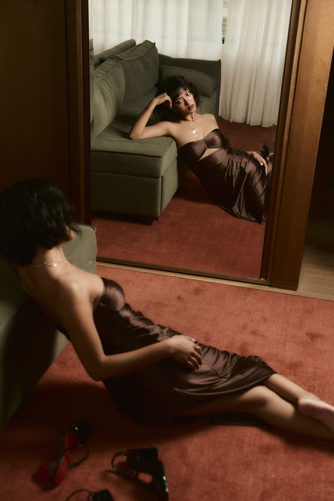 Second Skin|Satiny - Sweetheart Ruched Maxi Dress - Maya Cocoa