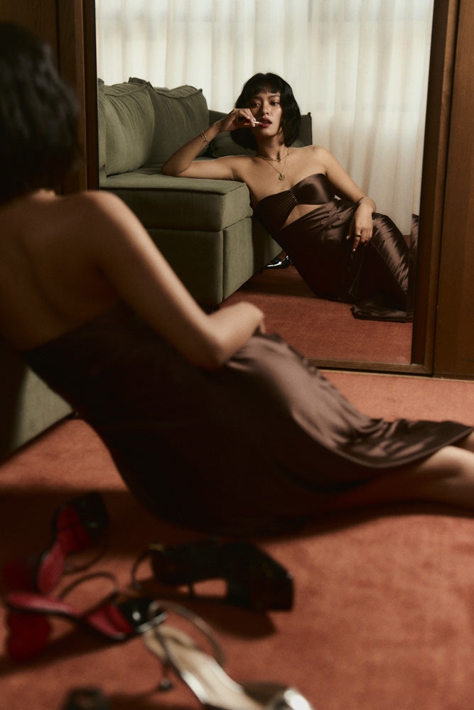 Second Skin|Satiny - Sweetheart Ruched Maxi Dress - Maya Cocoa