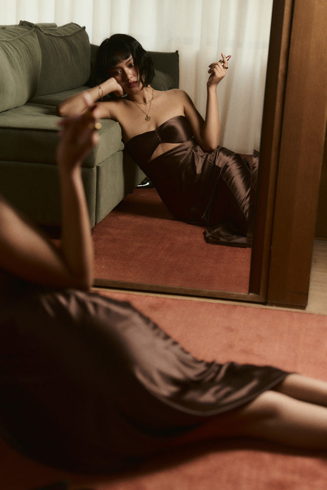Second Skin|Satiny - Sweetheart Ruched Maxi Dress - Maya Cocoa