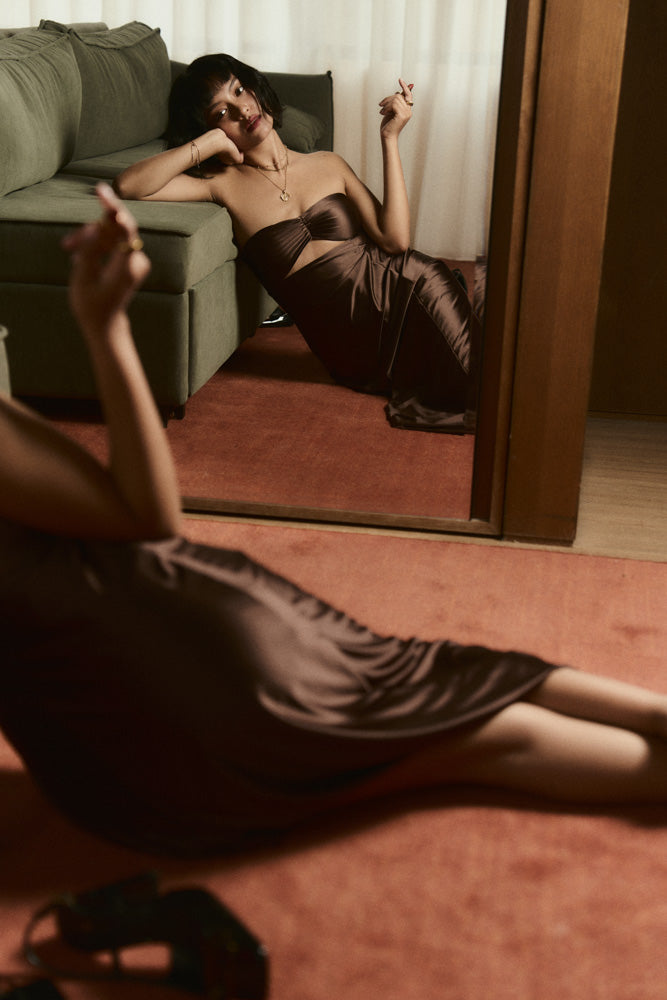 Second Skin|Satiny - Sweetheart Ruched Maxi Dress - Maya Cocoa