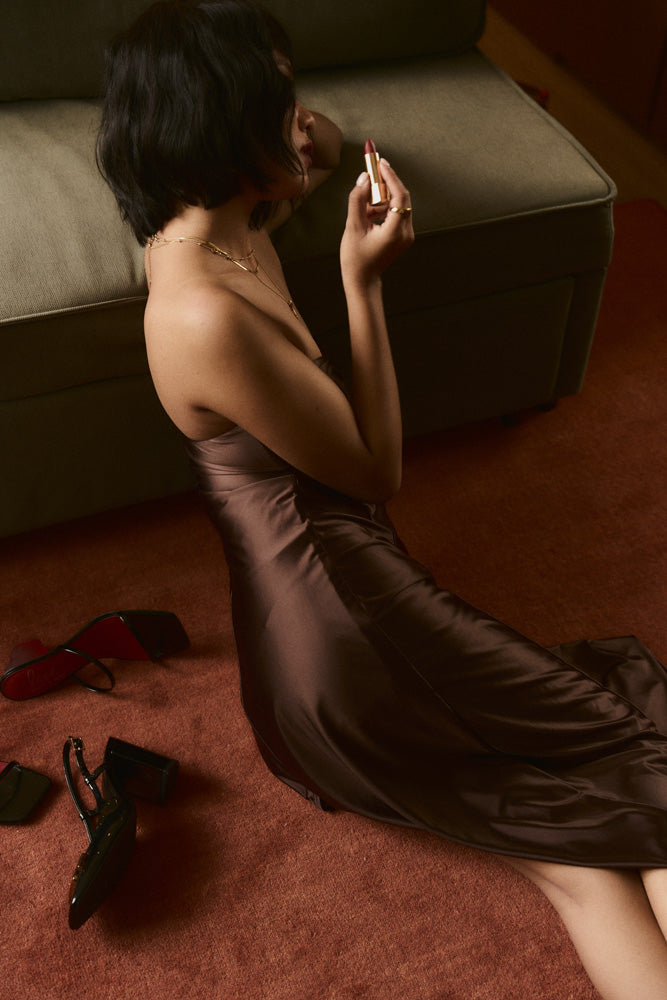 Second Skin|Satiny - Sweetheart Ruched Maxi Dress - Maya Cocoa