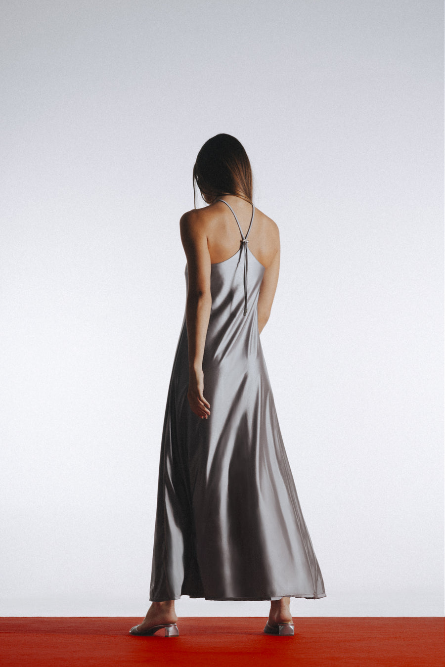 Second Skin|Satiny - X-Neckline Padded Maxi Dress - Heather Silver