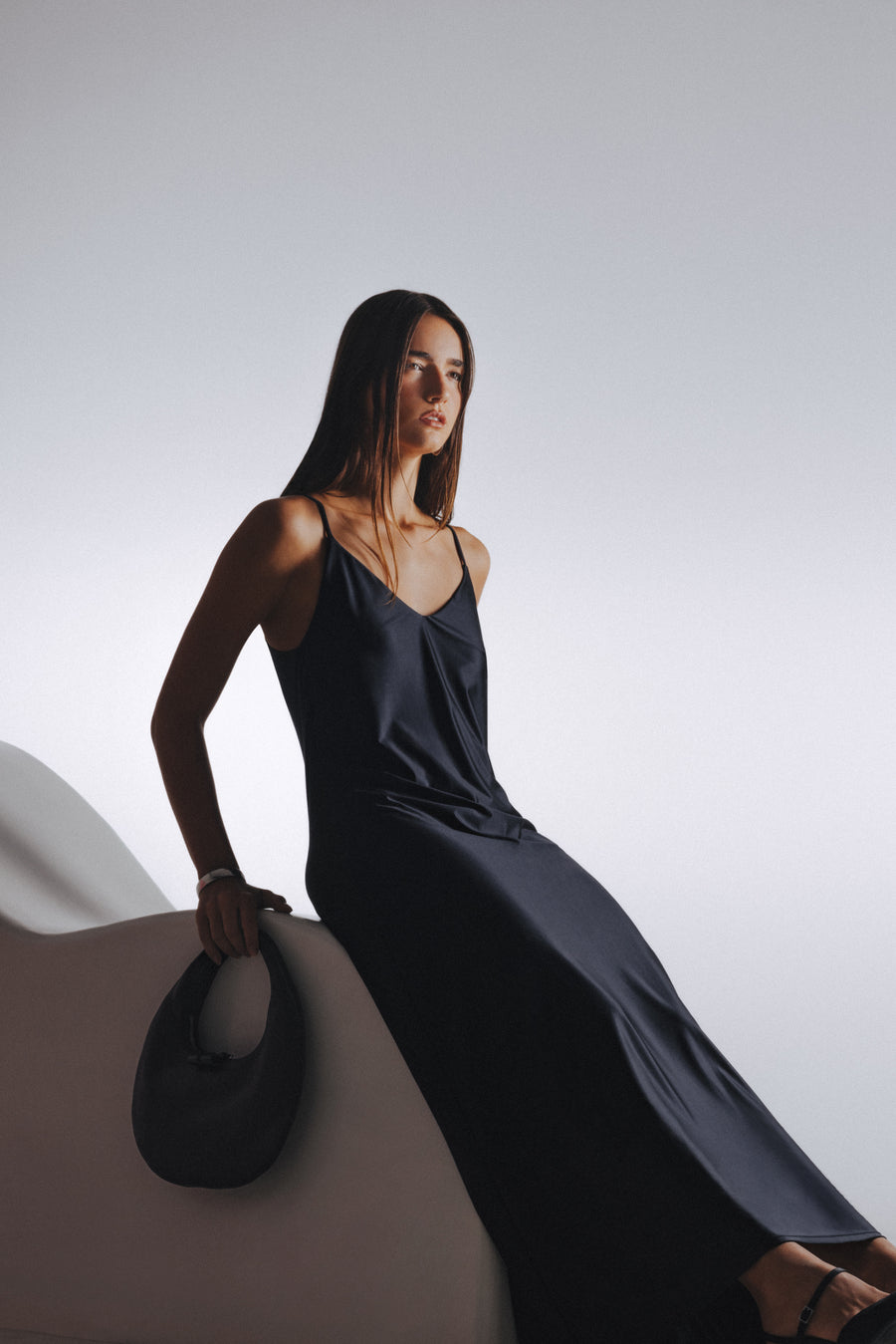 Second Skin|Satiny - High-Slit Plunge Padded Maxi Dress - Onyx Black