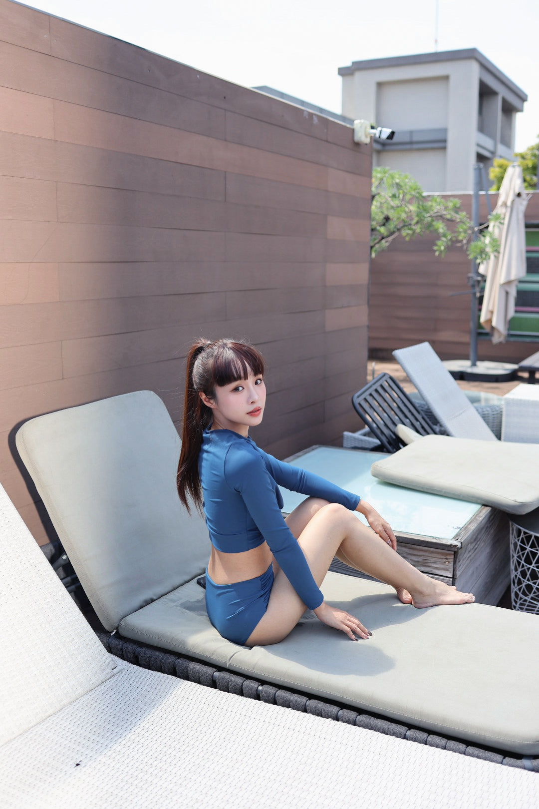 泉肌 | 高腰皺摺泳褲 - 梵靛藍
