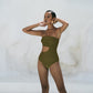 Second Skin | Satiny ~ Strapless Cut-Off One Piece - Olive Green