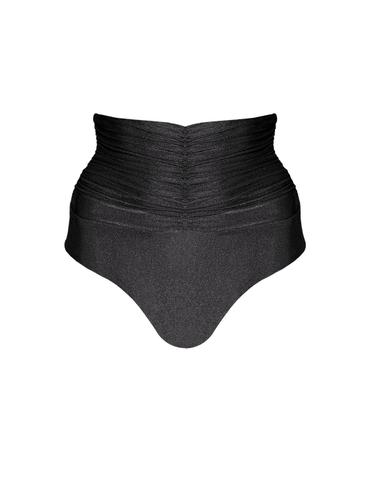 Second Skin | Shimmer ~ Super High-Waisted Ruched Bikini Bottom - Onyx Black