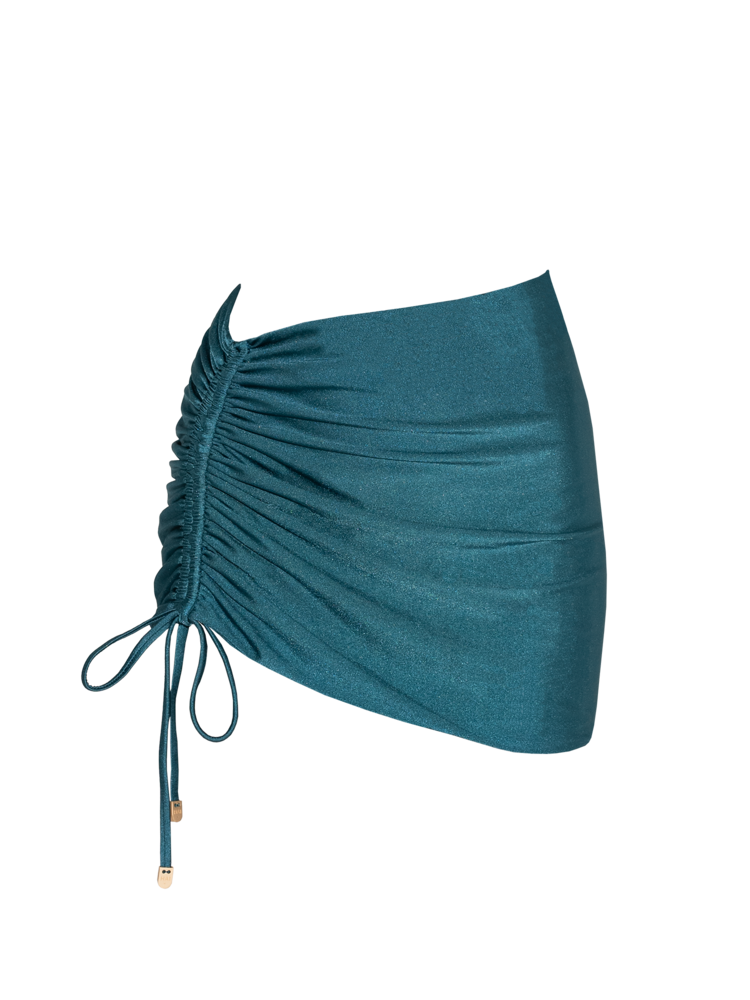 Second Skin | Shimmer ~ Ruched Drawstring Mini Skirt - Tourmaline Teal