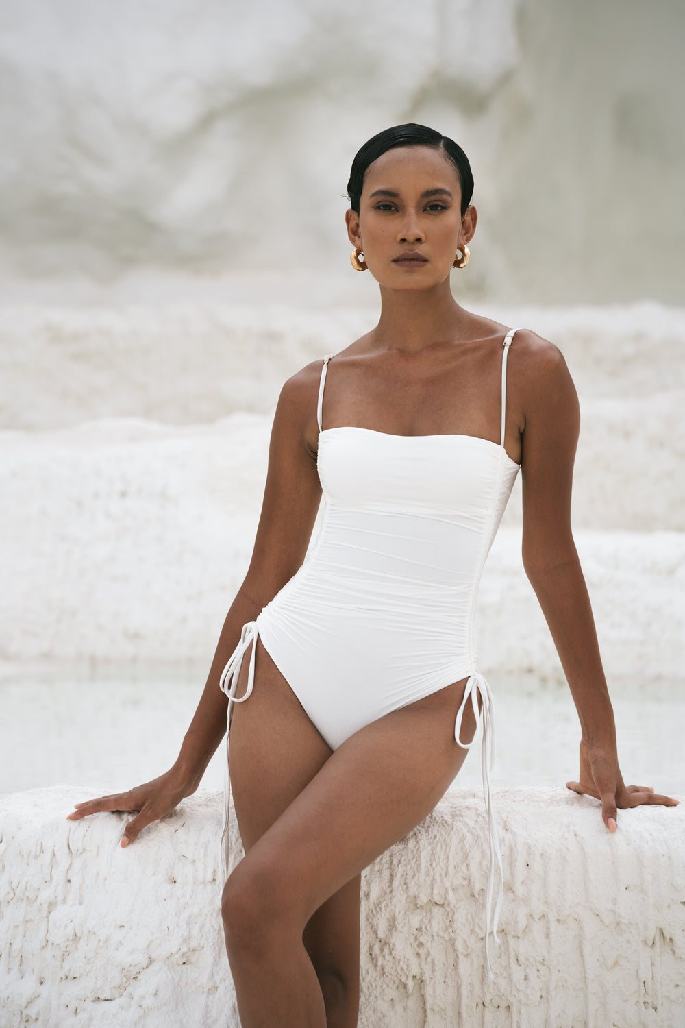 Second Skin | Shimmer ~ Ribbon-tie Ruched One-piece Swimsuit - Galactic White