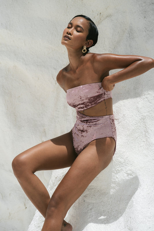 Coral Mirage ~ Strapless Cut-Off One Piece - Velvet Pink