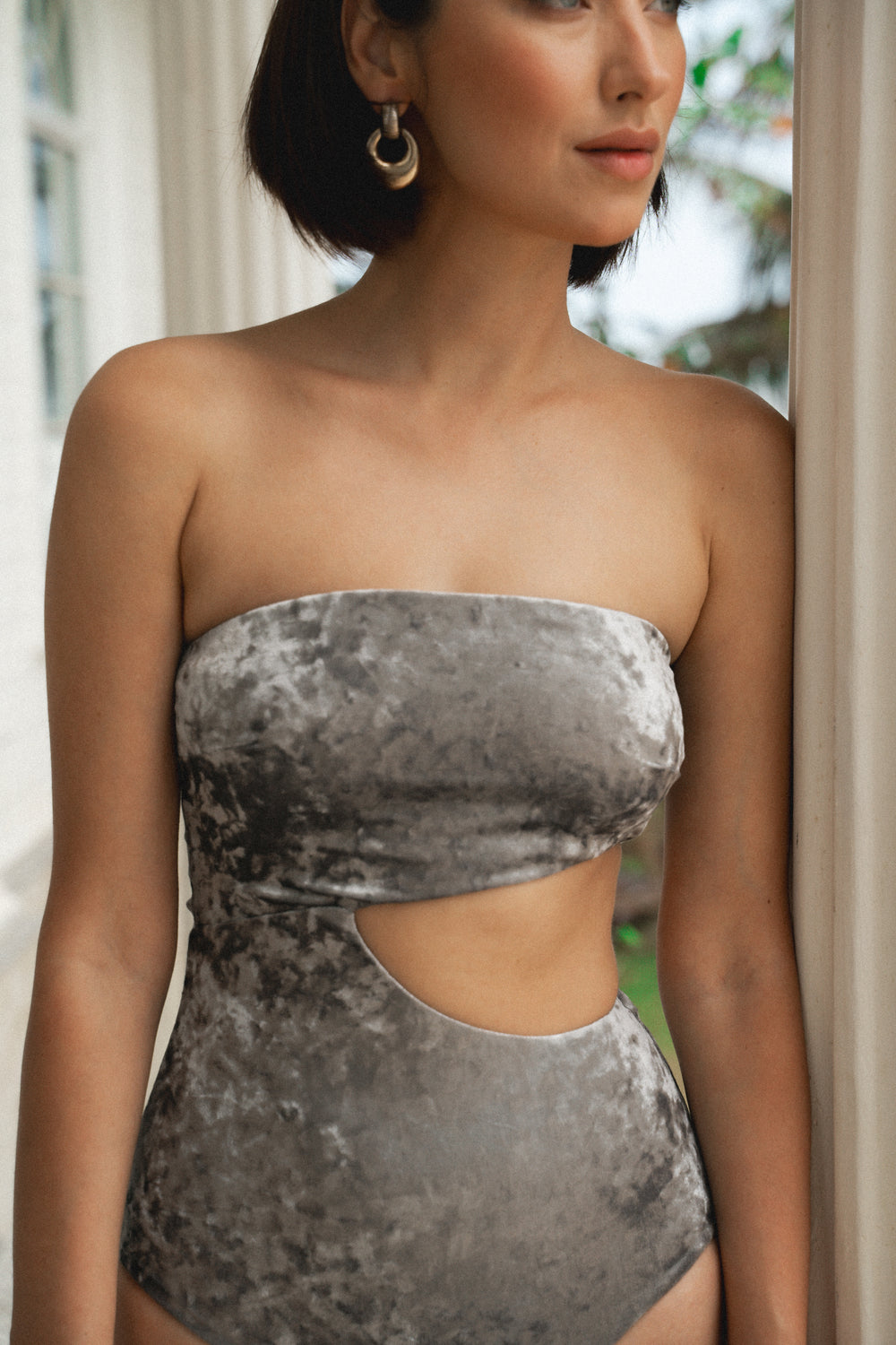 Coral Mirage ~ Strapless Cut-Off One Piece - Velvet Silver