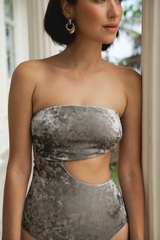 Coral Mirage ~ Strapless Cut-Off One Piece - Velvet Silver