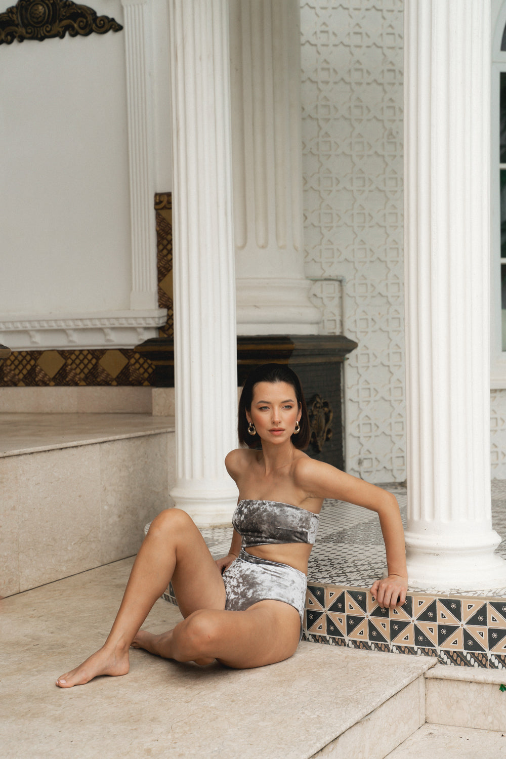 Coral Mirage ~ Strapless Cut-Off One Piece - Velvet Silver