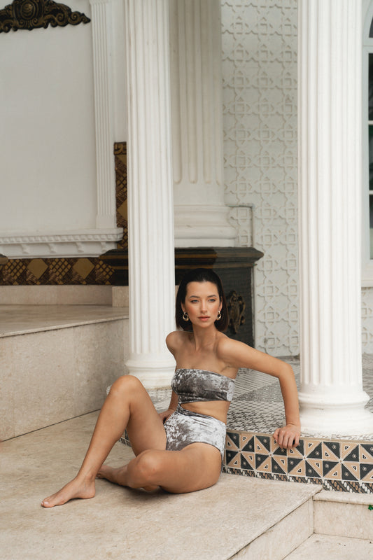 Coral Mirage ~ Strapless Cut-Off One Piece - Velvet Silver