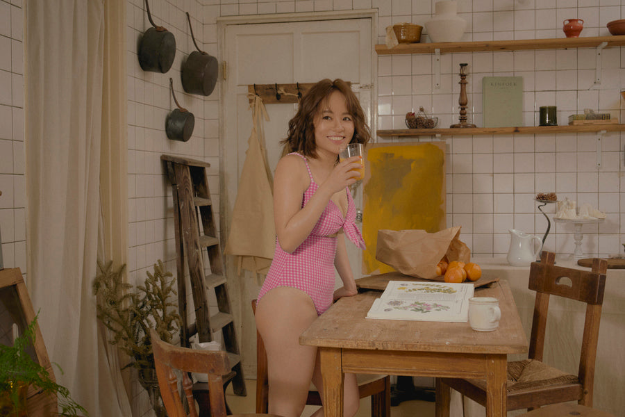 (預購5/20) 溫 x HAI |  復古蝴蝶結連身泳裝- 粉紅白格  