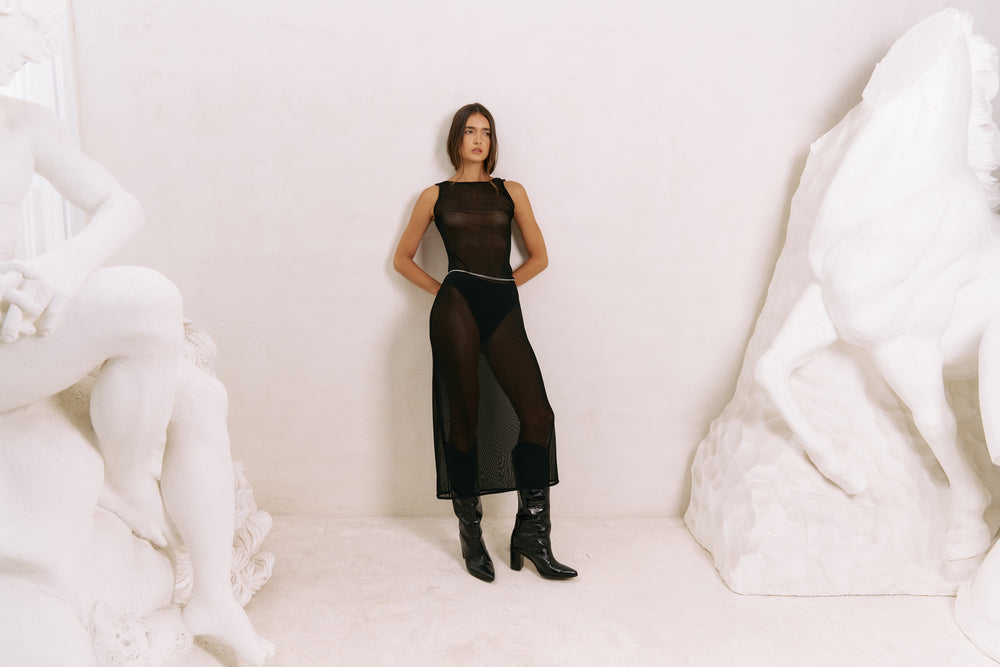 Second Skin ~ Sheer Mesh Backless Dress - Onyx Black