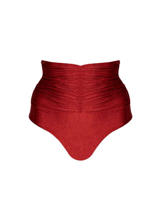 Second Skin | Shimmer ~ Super High-Waisted Ruched Bikini Bottom - Garnet Red