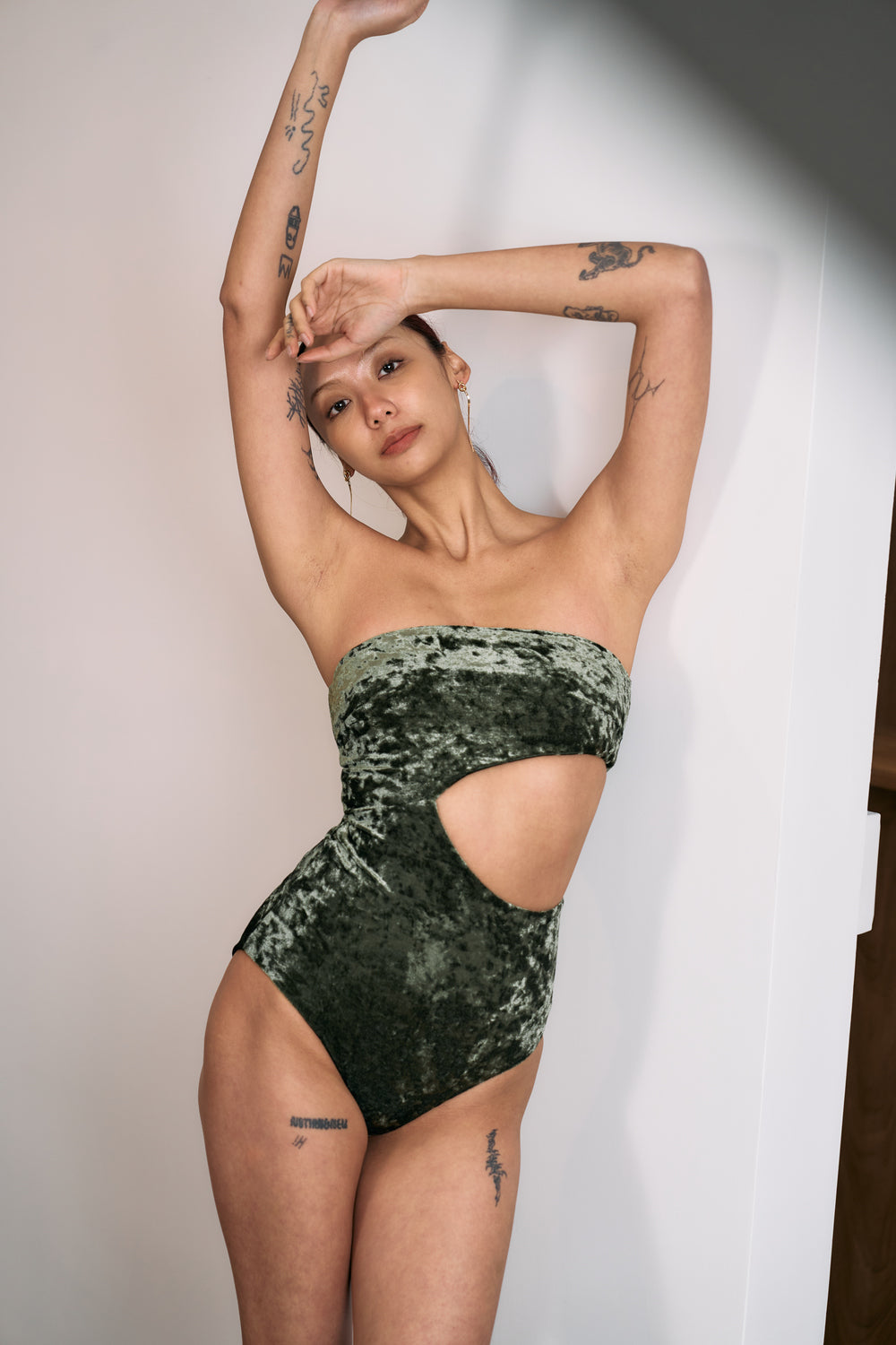 Coral Mirage ~ Strapless Cut-Off One Piece - Velvet Green