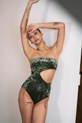 Coral Mirage ~ Strapless Cut-Off One Piece - Velvet Green